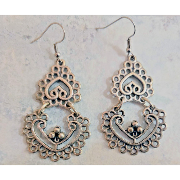 Handmade in Israel Pewter Style Large Dangle Earrings Silver Tone - Picture 3 of 6